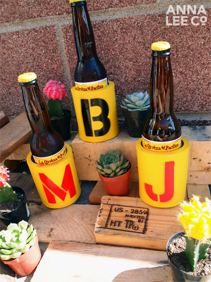 These koozies were simple to create grab a 3 in stencil with spray paint 